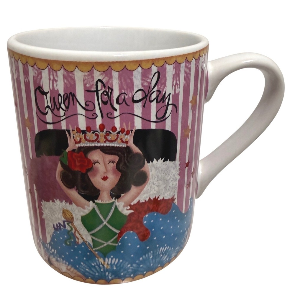 Queen For A Day Ceramic Coffee Mug Pink Striped Crown Illustration Large Cup‎